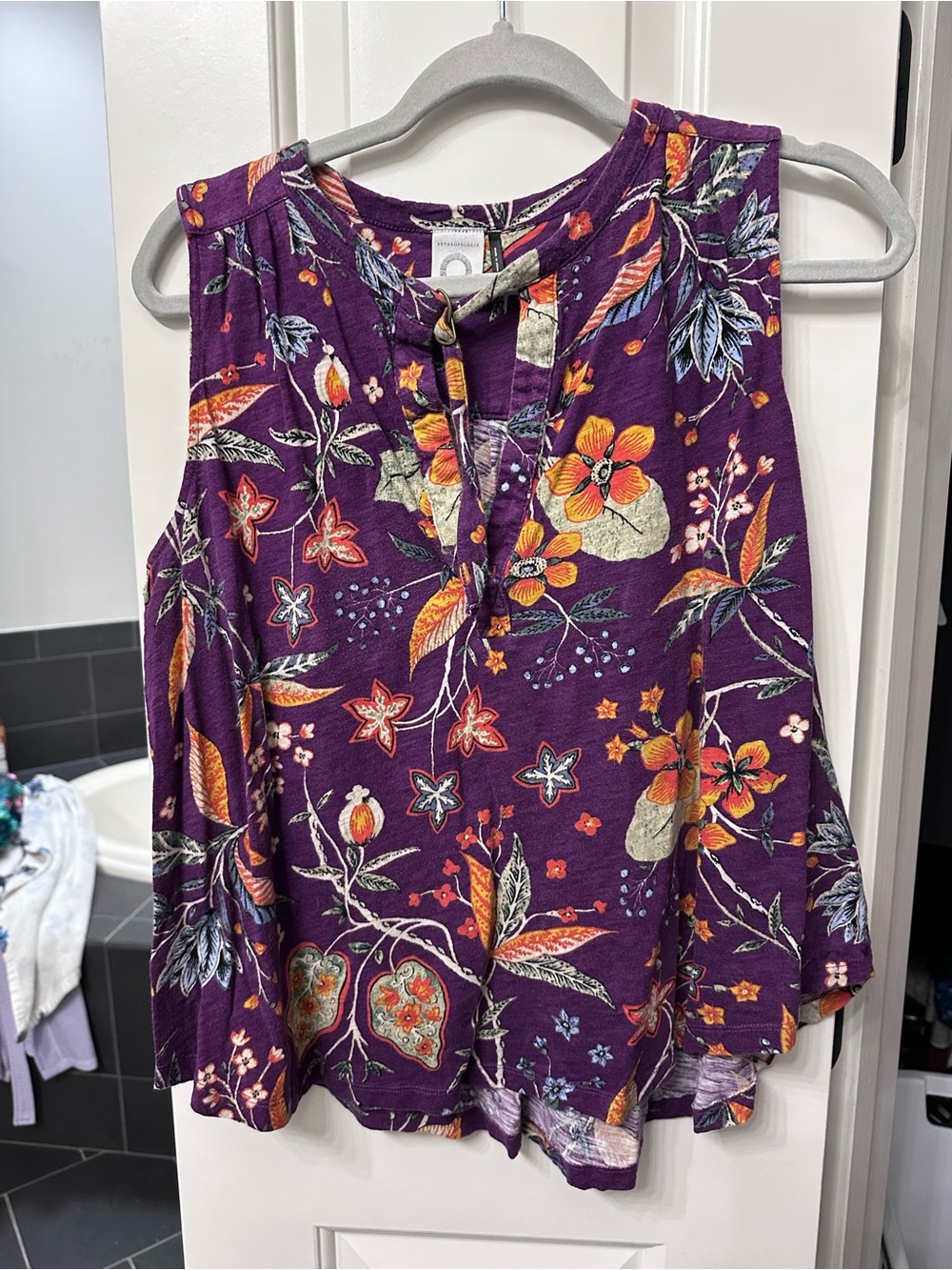 Anthropologie Purple Floral Sleeveless Henley Camisole